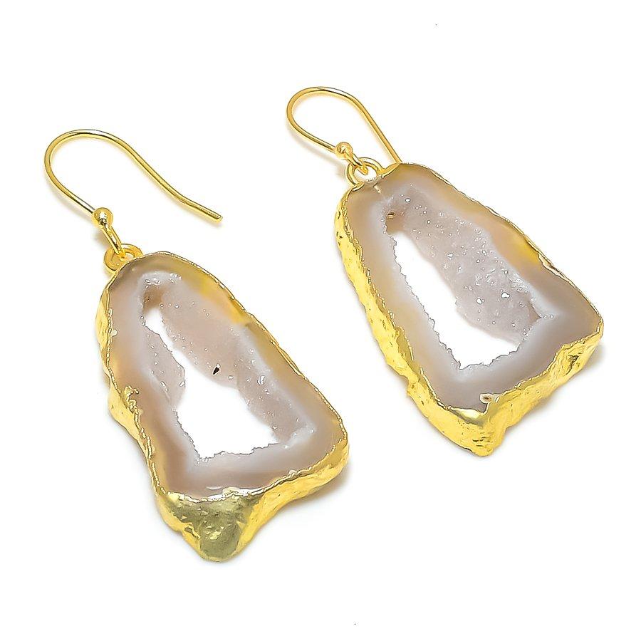 Agate Geode Slice Gemstone 925 Sterling Silver Jewelry Earring 2.05" GK-6877
