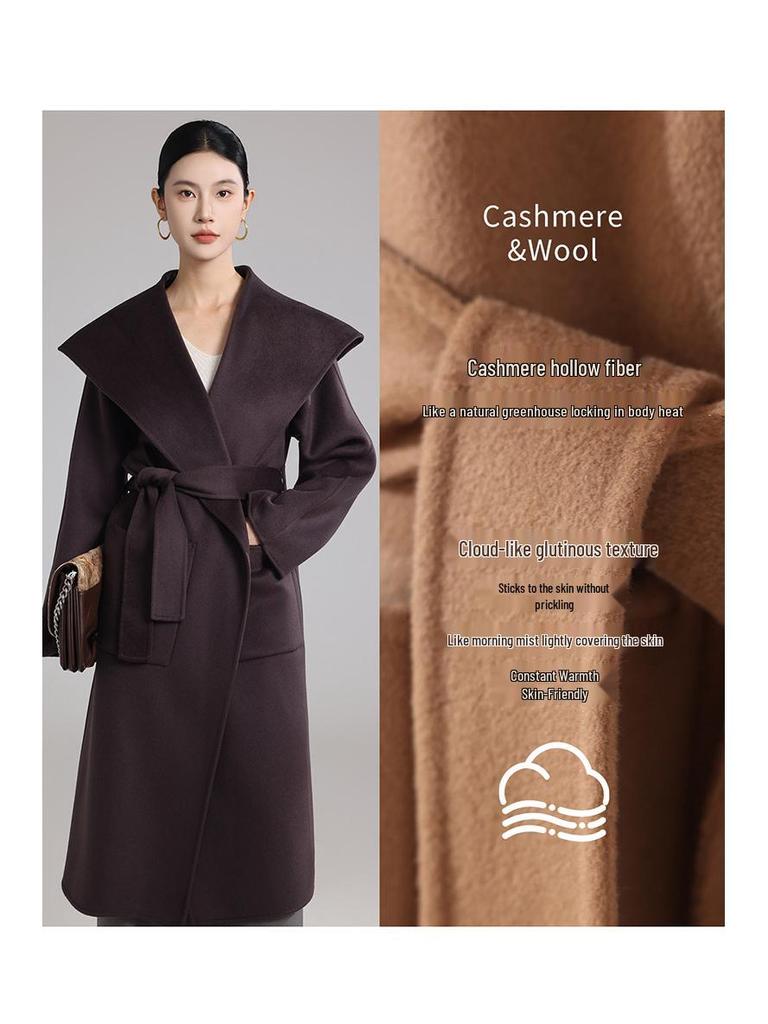 High-End Extra Long Double-Faced Wool Coat: Hooded, Tie-Waist, Light Luxury Casual Silhouette with Cashmere