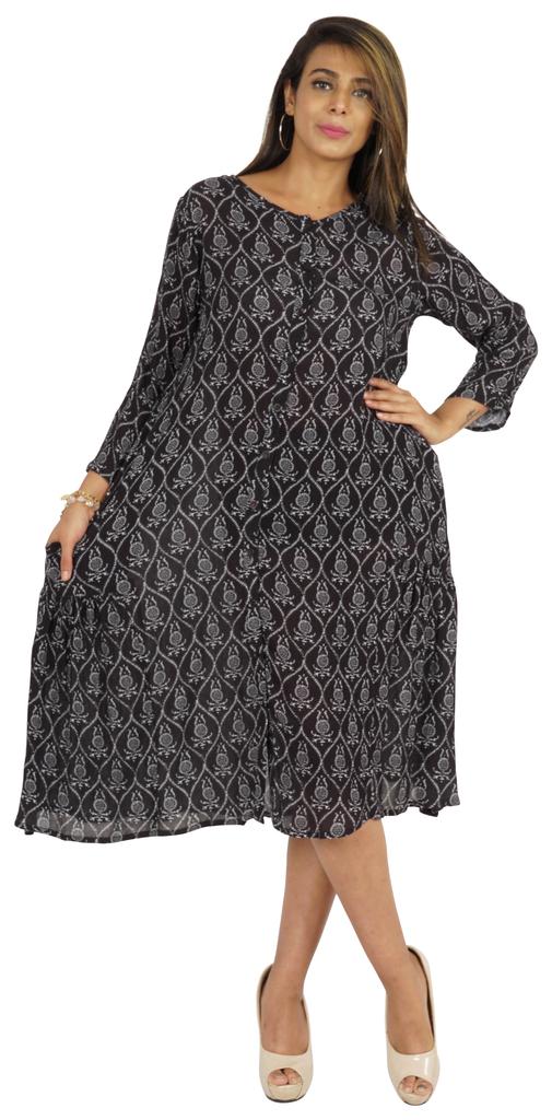 Bimba Printed Flared Midi Dress For Women Rayon Crepe Casual Summer Dress