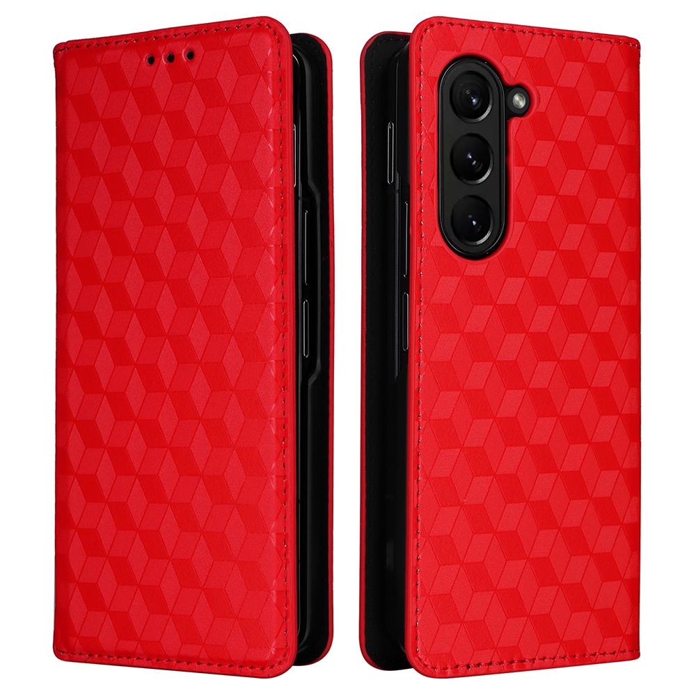 

For Samsung Galaxy Z Fold6 5G Case Wallet PU Leather Phone Cover Rhombus Imprinted Red