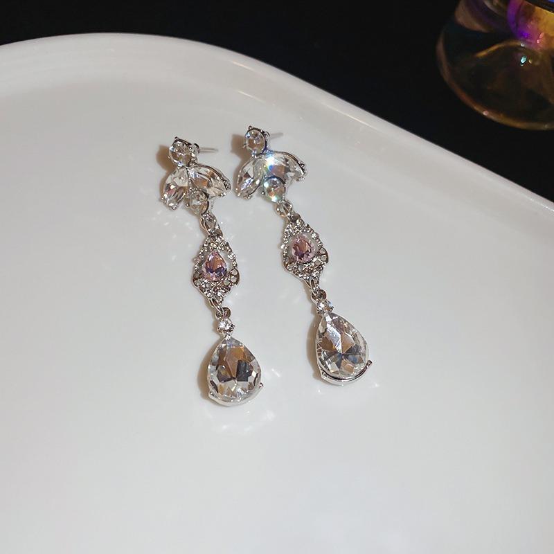 Silver Needle Diamond Flower Water Drop Tassel Earrings Exaggerated Earrings Light Luxury Premium Earrings Women