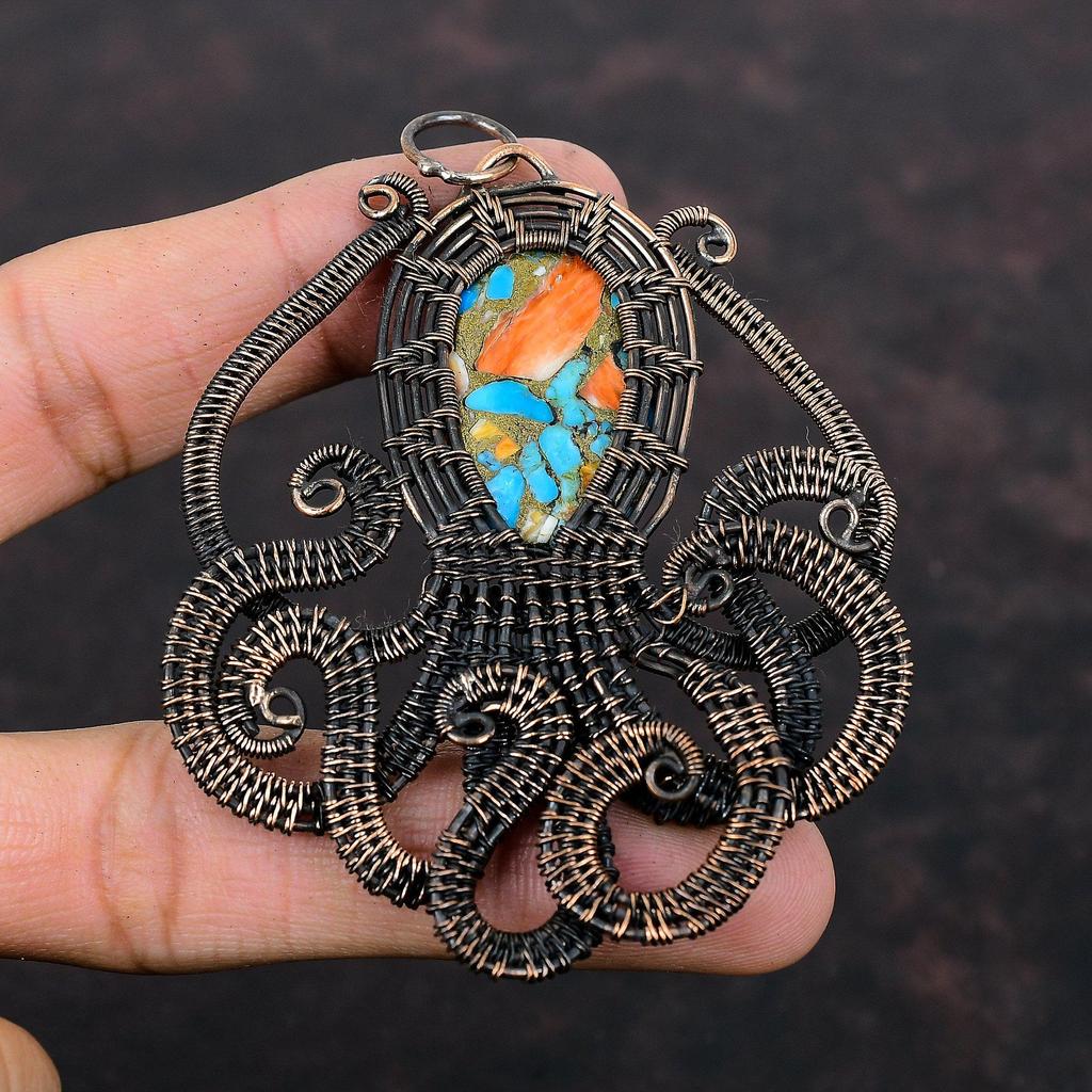 Spiny Oyster Copper Turquoise Pendant Copper Wire Wrapped Octopus Pendant Handmade Gemstone Pendant Designer Copper Jewelry Anniversary Gift
