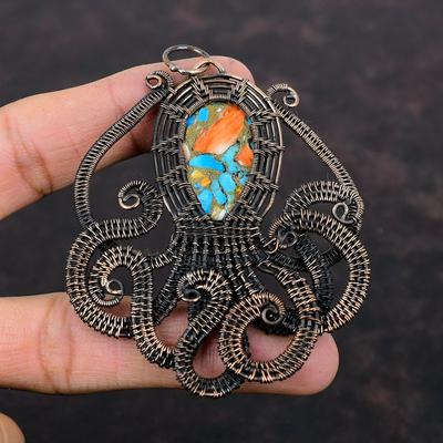 Stachelige Auster Türkis Anhänger Kupferdraht umwickelter Kraken Anhänger Handgefertigter Edelsteinanhänger Designer Kupferschmuck Jubiläumsgeschenk