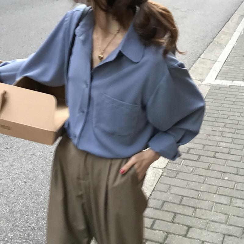 2024 French Chic Women's Long Sleeve Lapel Shirt - Elegant Korean Style, Solid Color, Autumn Fashion