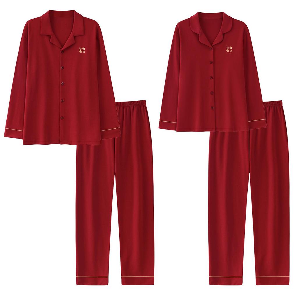Unisex Wedding Couple Pajamas: Festive Red Pure Cotton Cardigan Set for Spring and Autumn