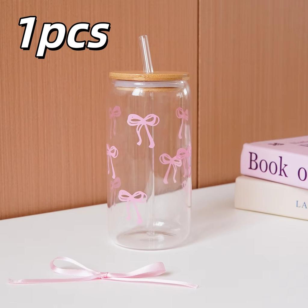 1/2pcs Pink Bow Glass Cup with Bamboo Wood Lid and Straw Reusable Bow Aesthetic Cup for Drinking Coffee Tea Milk Picnic Party
