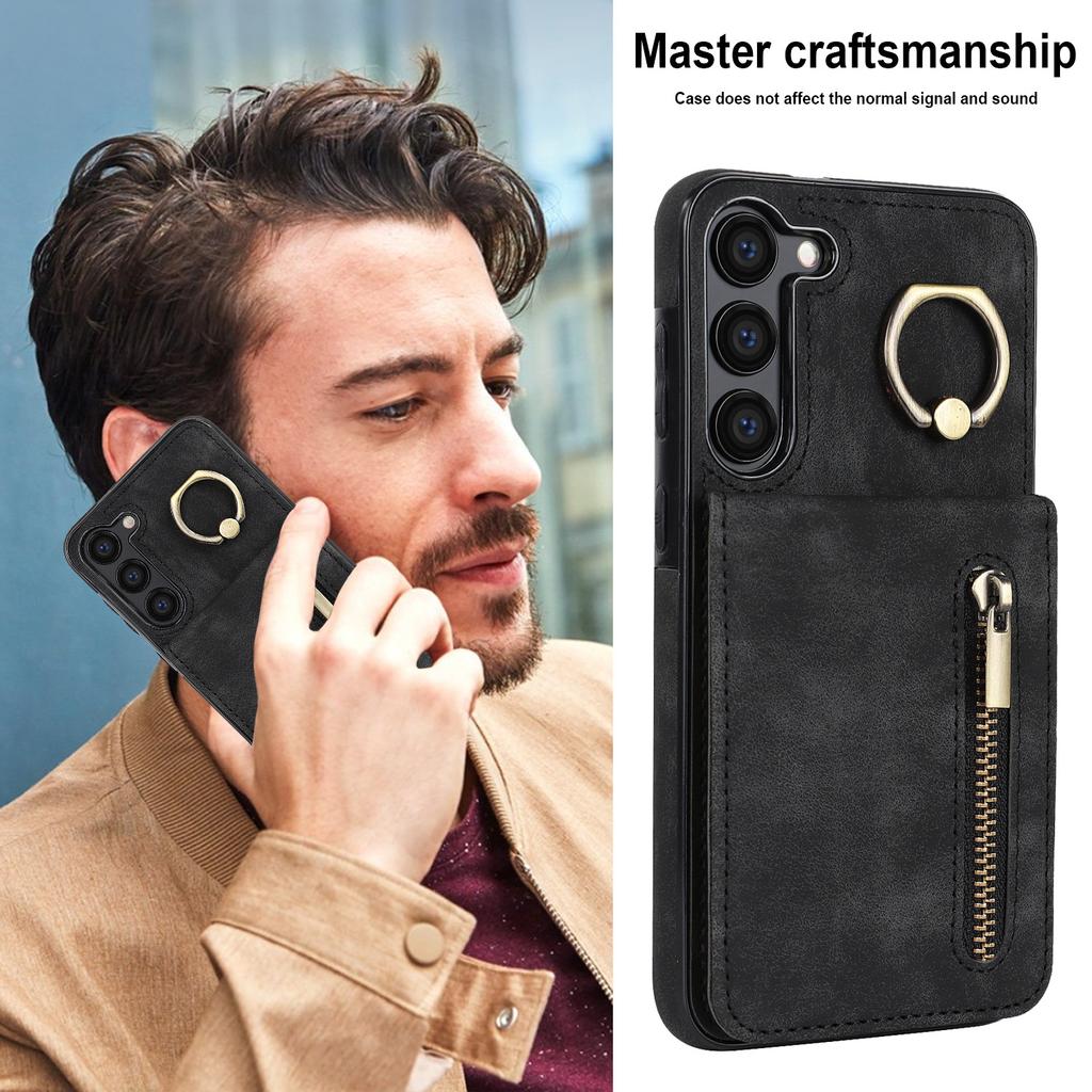 RFID Blocking Kickstand Case for Samsung Galaxy S23 Anti-Drop PU+TPU Phone Cover with Zippered Wallet