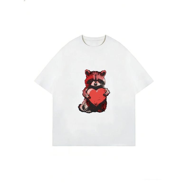 Cute Raccoon Holding Heart Graphic T Shirt White Animal Print Valentine Gift For Women Casual Wear
