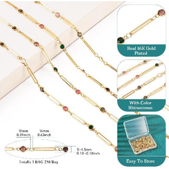 Pandahall 6.56 Feet 16K Gold Plated Stainless Steel Chains Rhinestone Paperclip Chains Crystal Chains Jewelry Craft Chains for DIY Necklace Bracelet