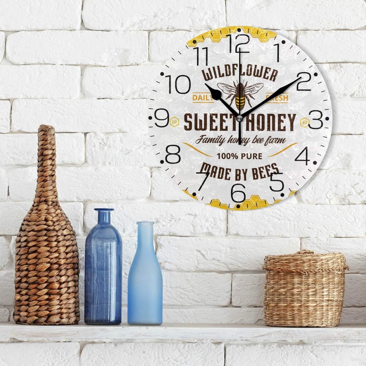 

Настенные часы Мед диких цветов с пчелами Модные бескаркасные декоративные часы для кухни, спальни, гостиной, классной комнаты, домашнего декора - Круглая форма
