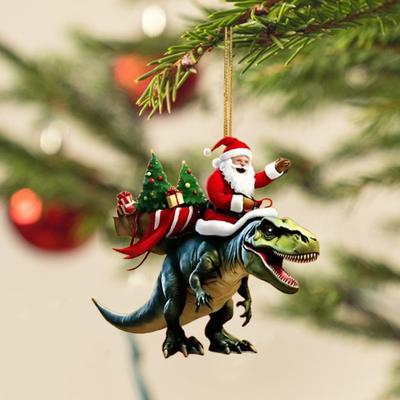 Christmas Pendant Santa Claus On Dinosaur Ornament 2D Flat Acrylic Hanging Decoration