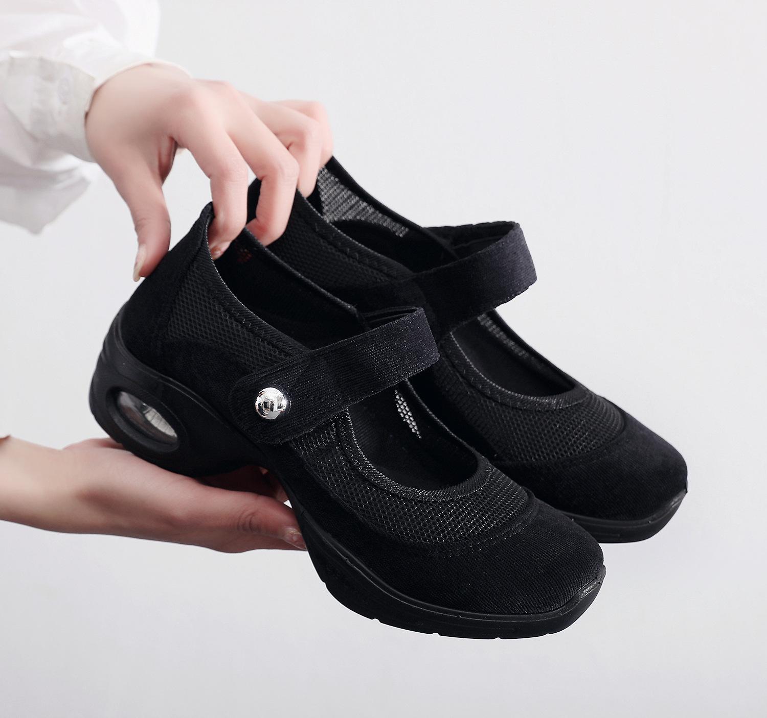 

Spring and summer new cloth shoes square dancing shoes mesh women s medium and high heels soft sole non-slip air cushion breathable single shoes 41