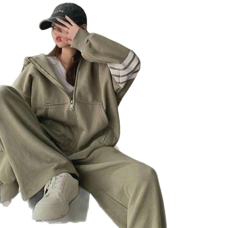 Women's Casual Korean Style Hoodie & Wide-Leg Pants Set - Slimming & Trendy for Autumn/Spring