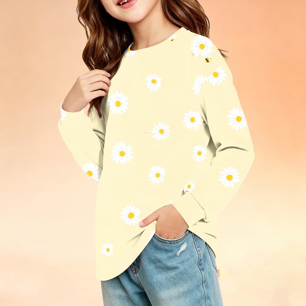 Kids Long Sleeve Printed Round Neck T-Shirt with Pocket Casual Top