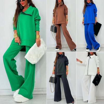 Women's Casual Zip-Up Tracksuit Set Loose Fit Wide Leg Pants Outfit In Green Brown Blue Black White
