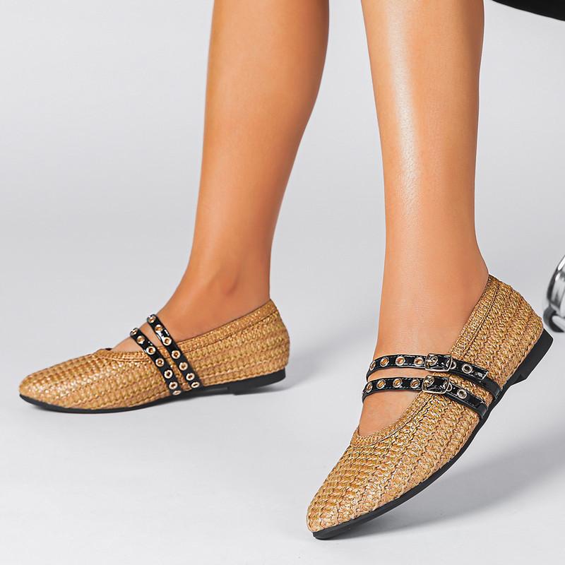 Mode Mode Gestrickte Damen Ballerinas Weben Gladiator Flats Schuhe Retro Atmungsaktive Freizeit Slipper Doppelriemen Espadrilles Schuhe
