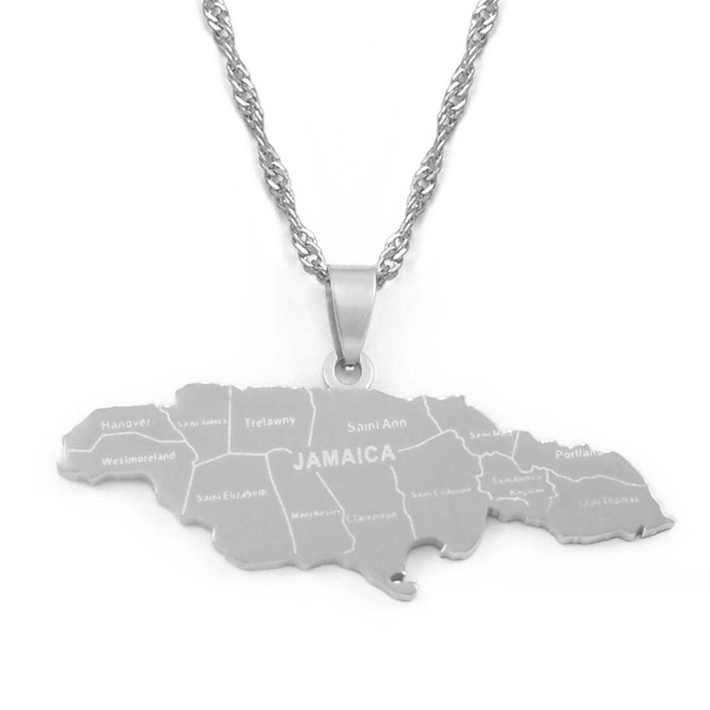 Anniyo Map of Jamaica With City Pendant Necklaces for Women Girls Stainless Steel Jamaica Maps Silver Color/Gold Color #071021