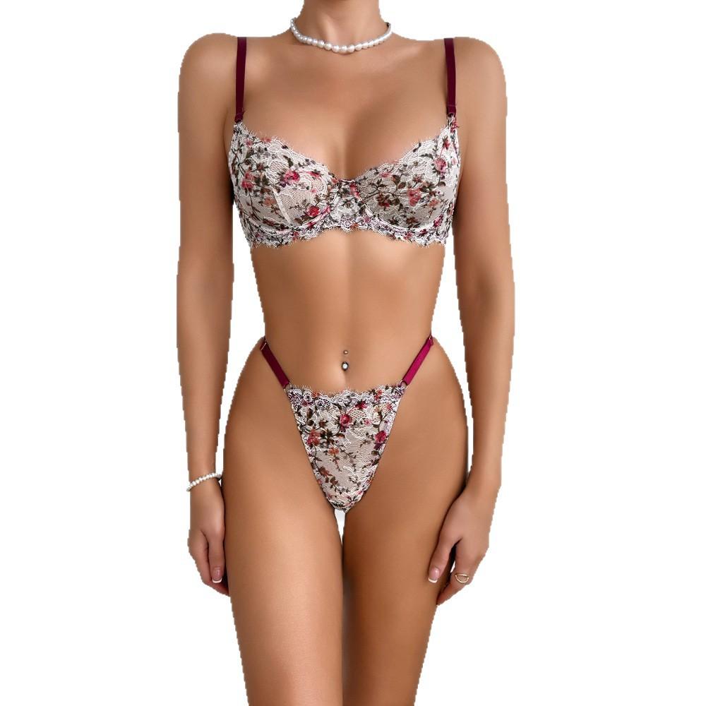 Damen Französisches Vintage Sexy Spitze Dessous-Set, Push-Up BH mit Tanga, Verführerische Erotische Intime Kleidung