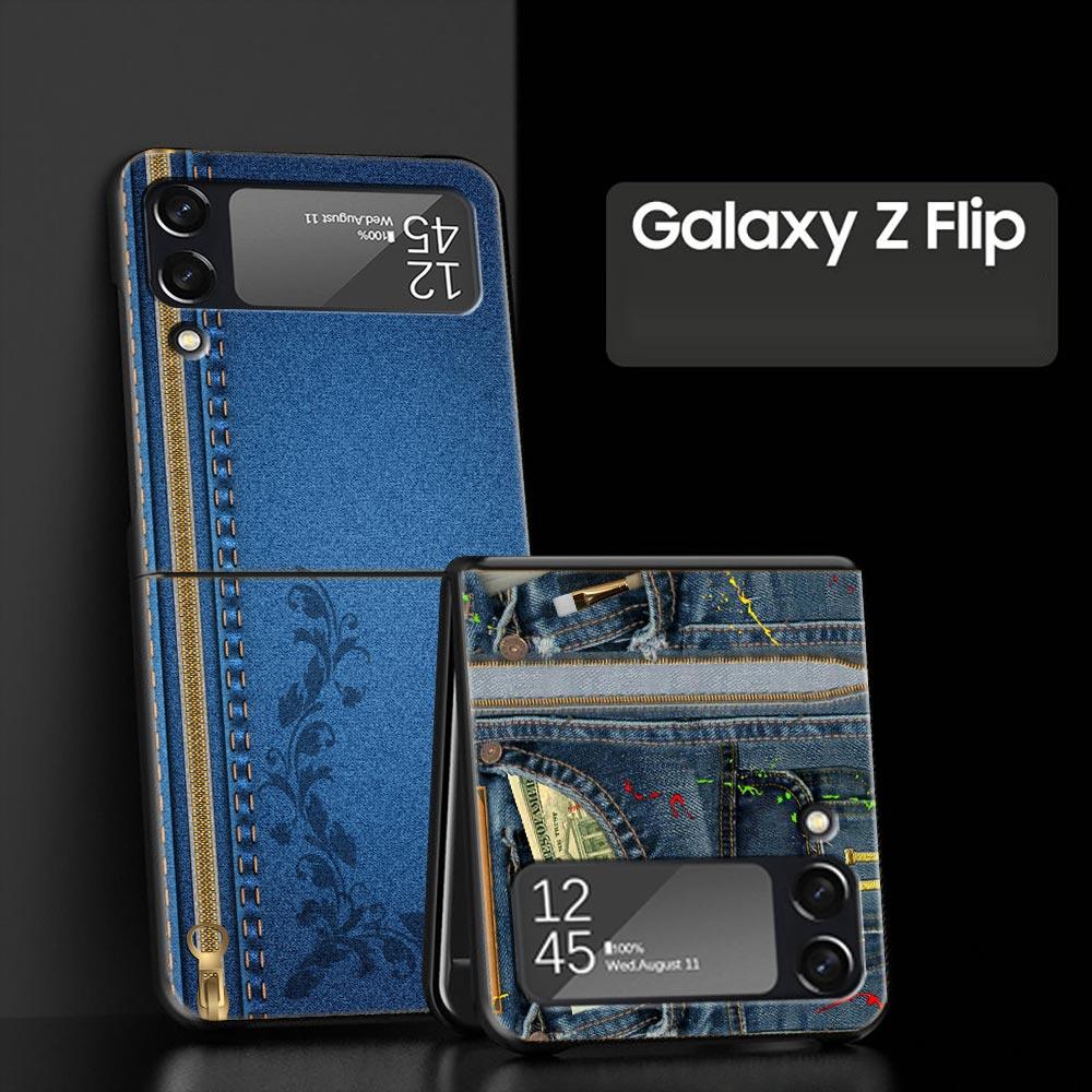 Leather Cloth Pattern Hard PC Phone Case For Samsung Galaxy Z Flip 7 6 5 4 Black Cover For Galaxy Z Flip 3 Foldable Fundas Shell