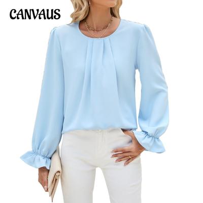 Spring and Autumn Women's Blouse Solid Colour Round Neck Loose Long Sleeve Top