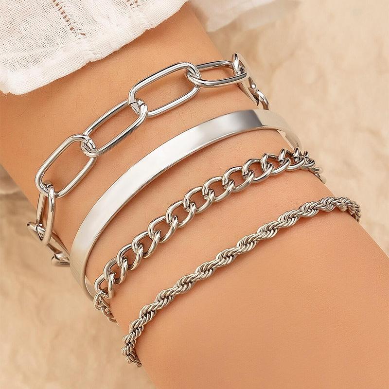 2025 New Bracelet Set, Personalized Thick Chain Exaggerated Gold Four-piece Women's Bracelet