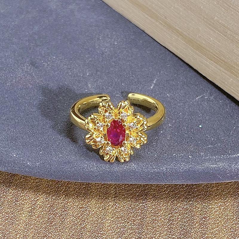 French Court Medieval Light Luxury Colored Treasure Red Zir*****Pen Ring Fashion Niche Light Luxury High-End Ring Woman Adjustable opening