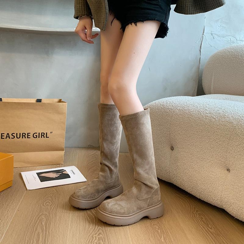 Botas de ante otoño e invierno nuevas pero botas altas hasta la rodilla retro botas altas de terciopelo elásticas botas de caballero mujeres