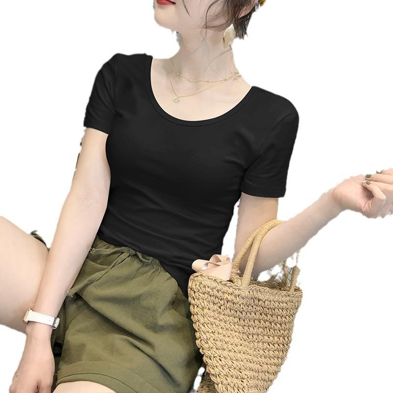 Women's White Short-Sleeve Crew Neck T-Shirt, 2024 Spring/Summer, Slim Fit, Pure Cotton, Basic Top