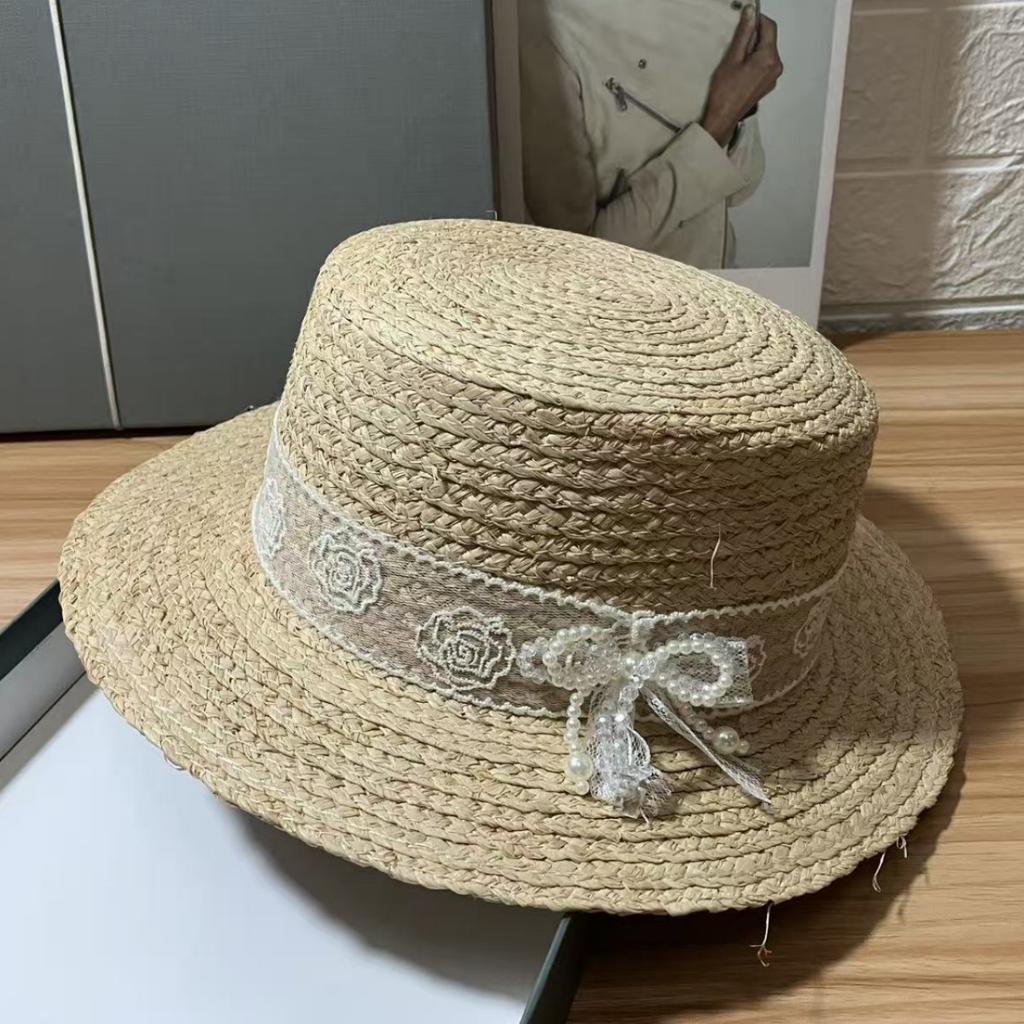 Summer seaside vacation straw hat French raffia floral streamer large brim shading flat top top hat idyllic