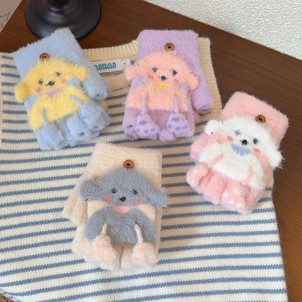 Thick Warm Cartoon Convertible Gloves Polyamide Bear Flip Top Gloves For Students