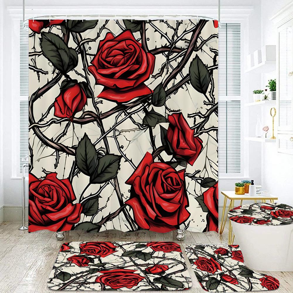 Pink Floral Rose Waterproof Shower Curtain Sets Toilet Seat Cover Non-Slip Bath Mat Rug Carpet Bathroom Decor Polyester Fabric
