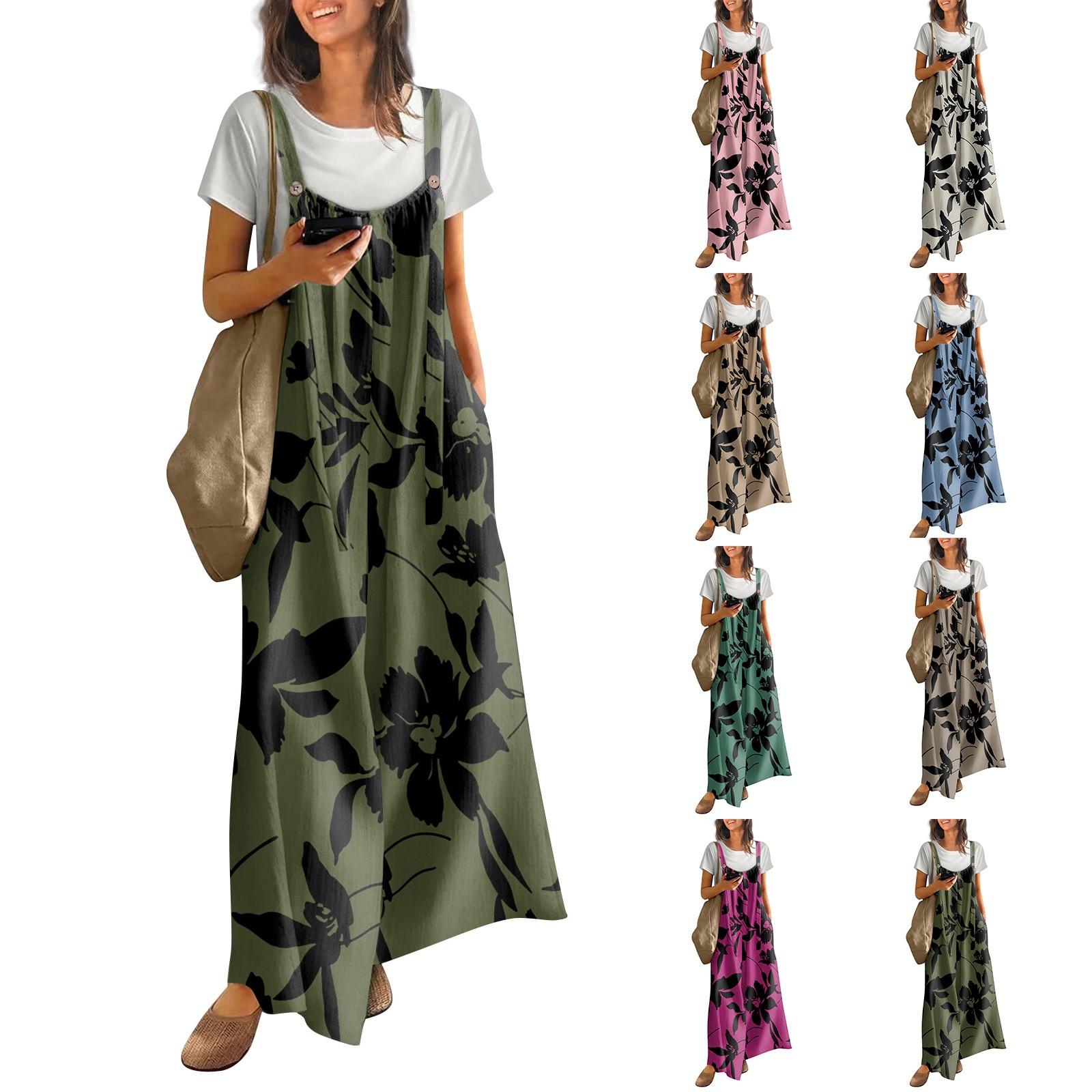 

Casual Wide Leg Jumpsuits For Women Boho Floral Pleated Overalls Rompers Summer Outfits With Pockets M