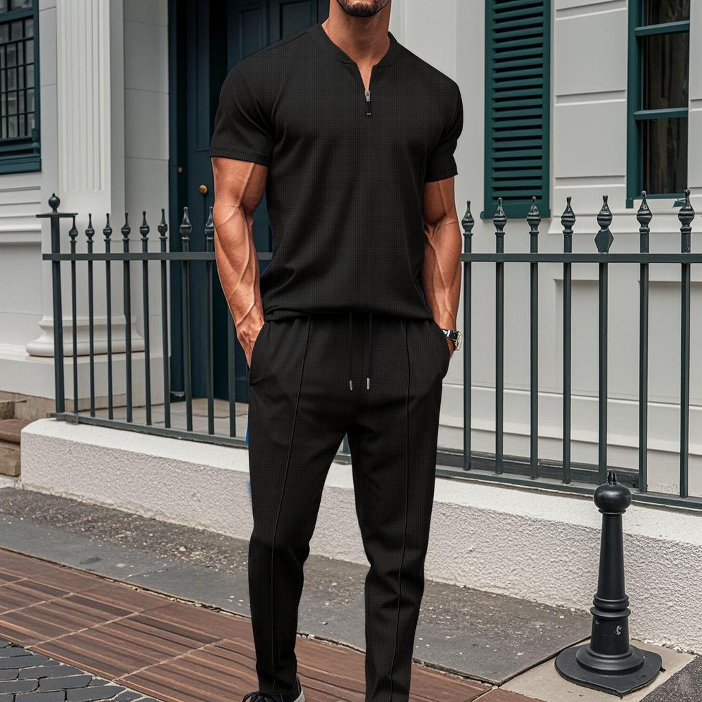 Summer 2025 Men's Waffle Knit Stand Collar Zipper Top and Long Pants Set - European & American Style