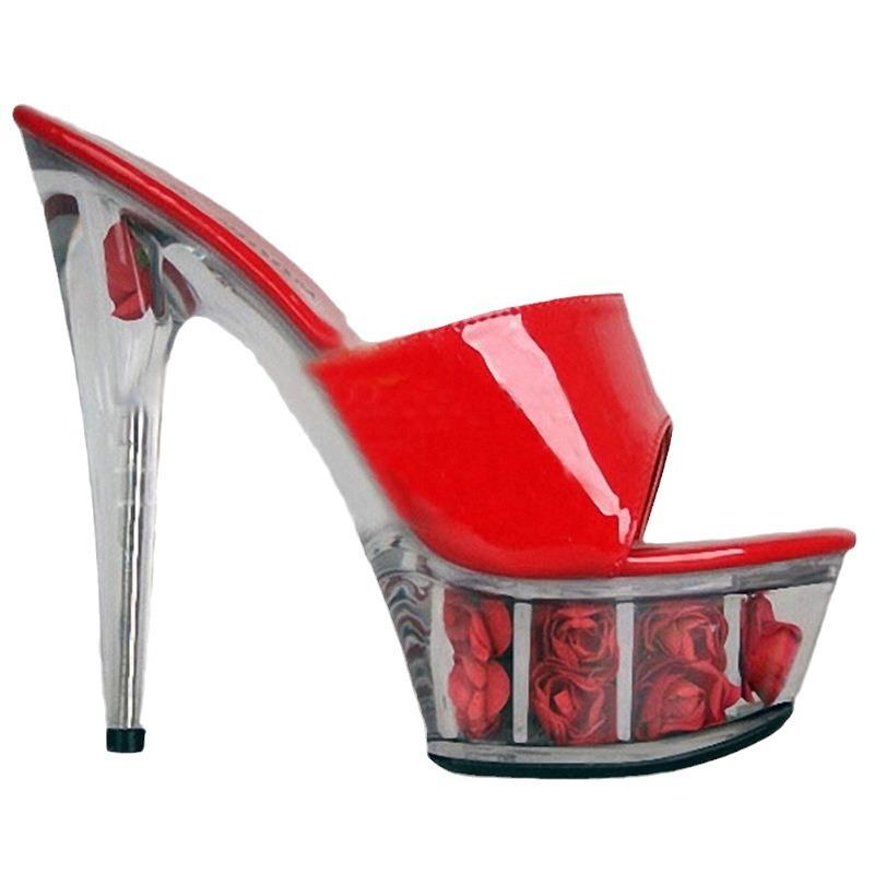 15Cm high heel sandals flower shoes, waterproof table PU surface transparent bottom crystal shoes