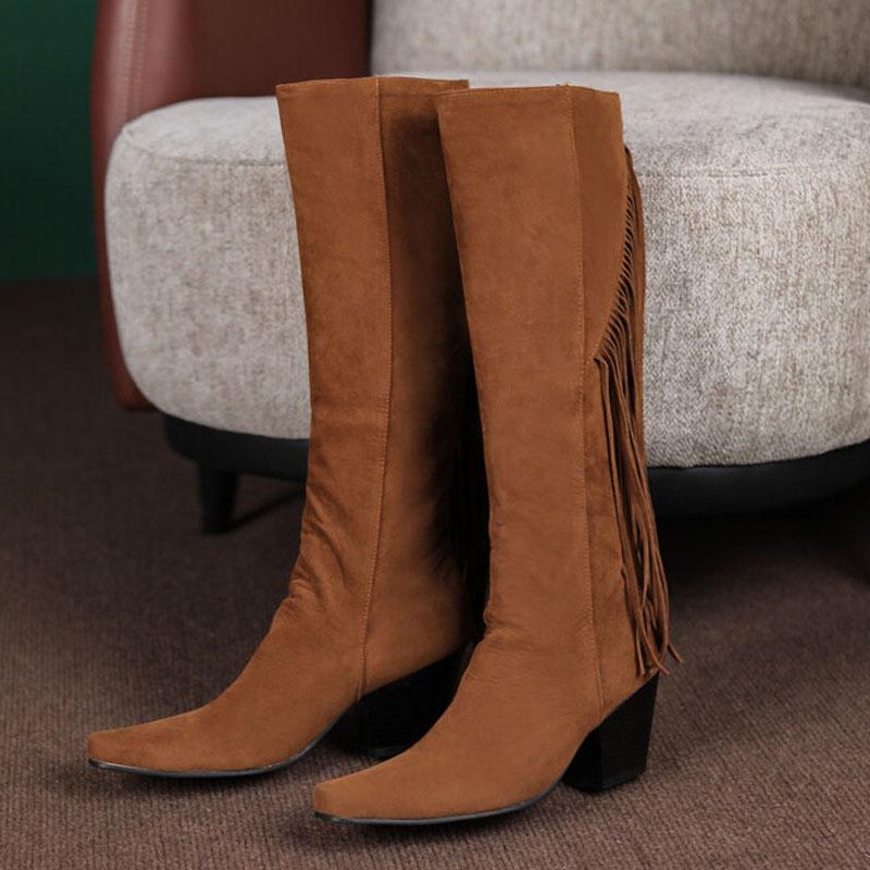 Fashion Fringed Tassels Knee High Boots Winter Women Suede Thick Heels Boots Square Toe Shoes for Women Botas Mujer WSH4710