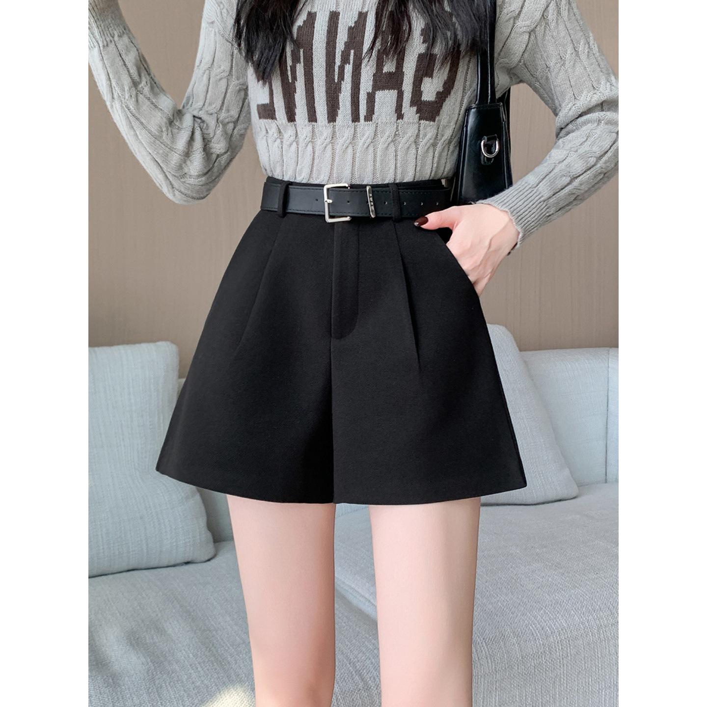 

Women s Plus Size Black Woolen High-Waist A-Line Shorts for Spring/Autumn 3XL чорний