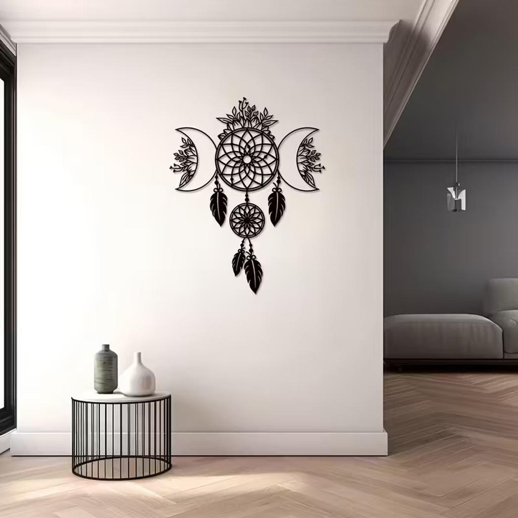 Metal Wall Art Dreamcatcher with Moon Phases Decorative Hanging Sculpture for Modern Minimalist Home and Office Wall Decoration