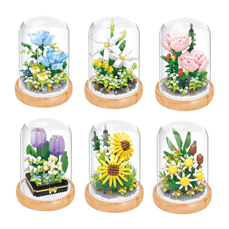 Flower Micro Building Blocks Lily Rose Tulips Bouquet Immortal Daisy Sunflower Mini Brick Figure Toy For Home Decor With Display