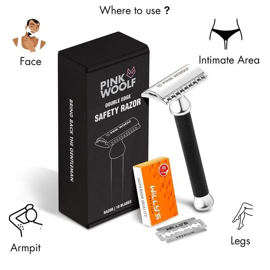 Pink Woolf Herren Rasierhobel mit Doppelklinge OFFENER KAMM OC70, Diamantgerändelter Griff für Nassrasur und eine wirklich gründliche Rasur, 1er-Pack (SCHWARZ)