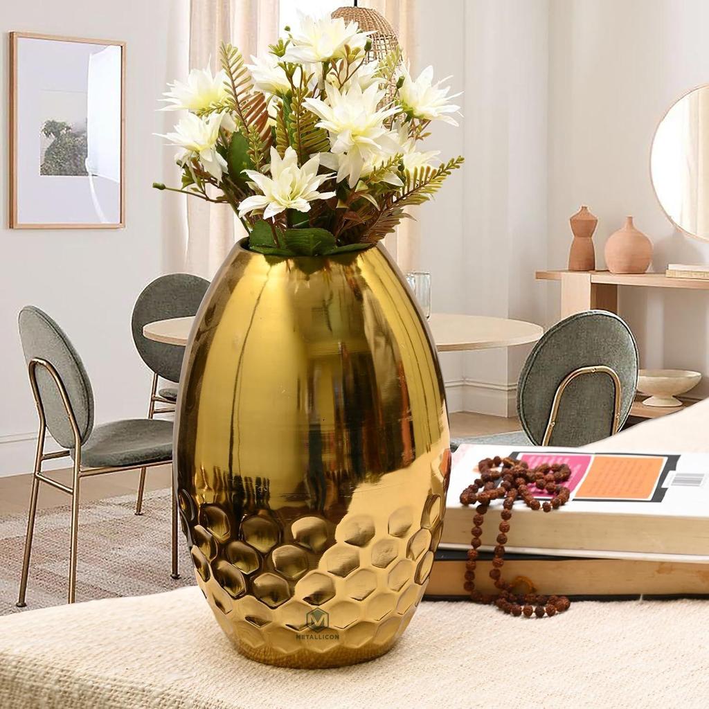 Gold Iron Vase – 11 Inches, Handcrafted Decorative Vase with Hammered Honeycomb Texture, Modern Flower Vase