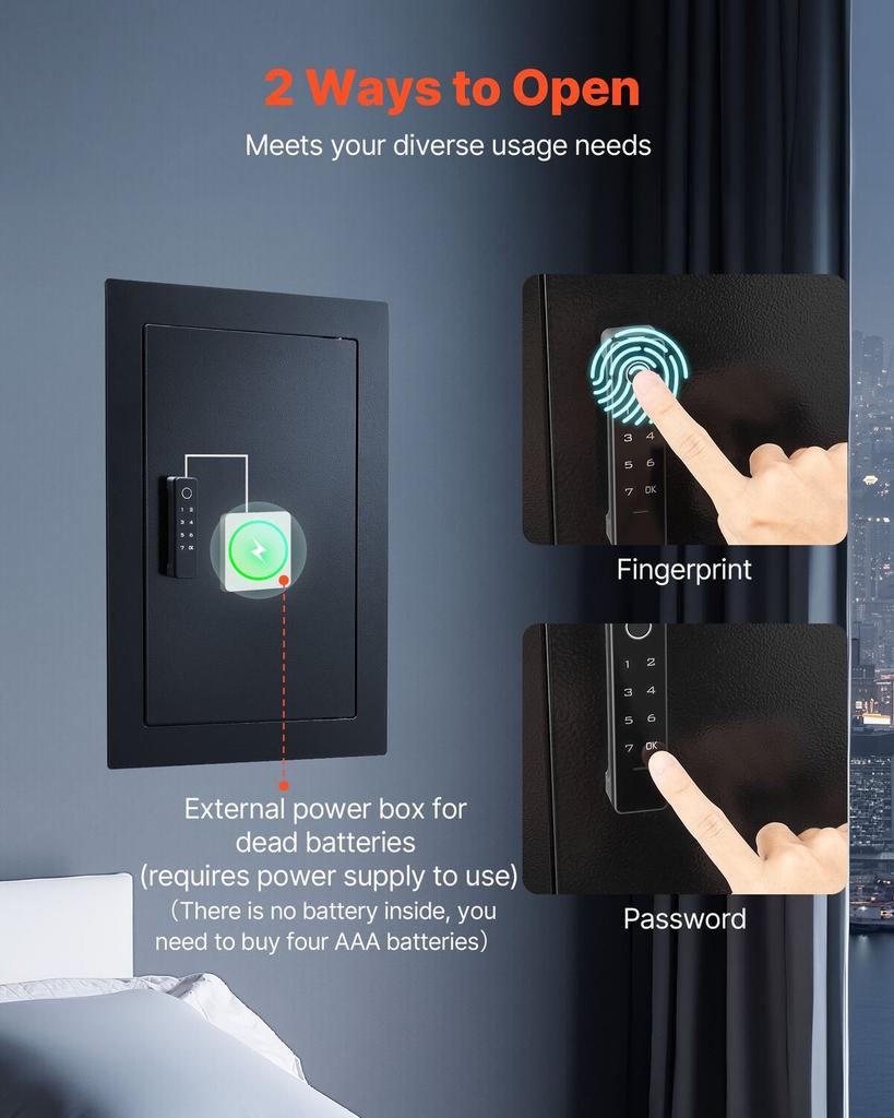 Wall Safe, 3-Tier Hidden Wall Safe with Fingerprint, Password, Key & Turning Knob, Q235 Cold-Rolled Steel In-Wall Box with Adjustable Shelves & Key