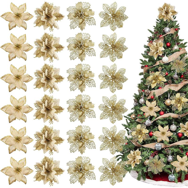 8/16/24Pcs Christmas Decoration Glitter Artifical Flowers Christmas Tree Decorations for Home Decor New Year Decoration Navidad