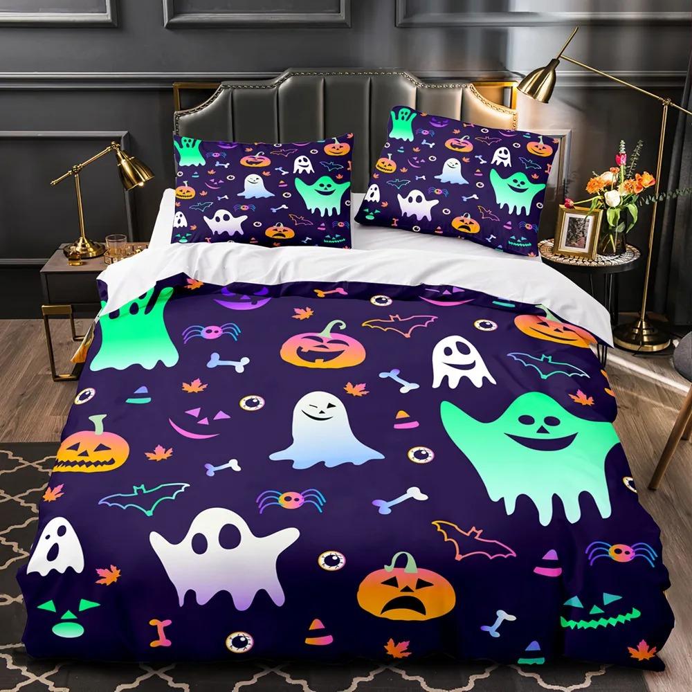 3D Print Halloween Bedding Set, Halloween Cartoon Jack O' Lantern Tombstone Skulls And Bones 2-3Pcs Polyester Duvet Cover Set