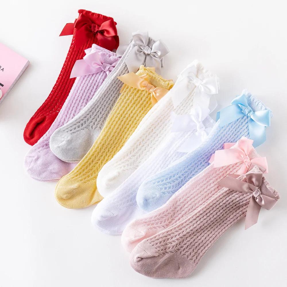 Baby Princess Knee High Long Socks with Lace Ruffles Simmer Spring Mesh Thin Cotton Korean Bow White Stockings for Newborn Girls