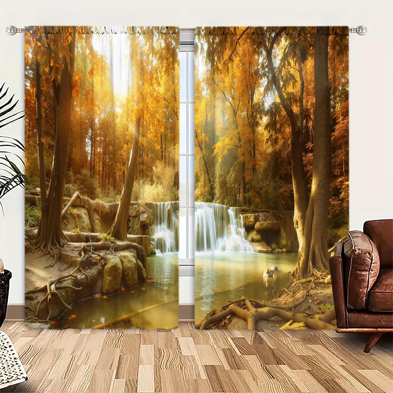 

2-Panels Autumn Scenery of Maple Trees and Fallen Leaves Waterfall Theme Printed Curtains - UV Resistant and Heat-insulating 100*130 Rod Pocket 1pcs