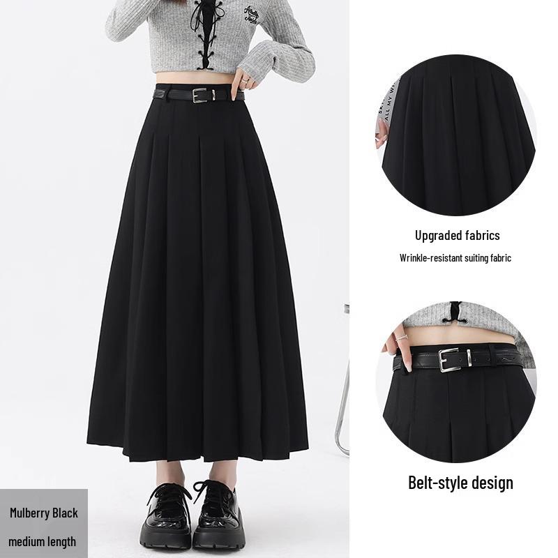 Women s Gray High-Waisted Pleated A-Line Skirt - Spring/Autumn 2025, Petite Fit with Zipper XXL