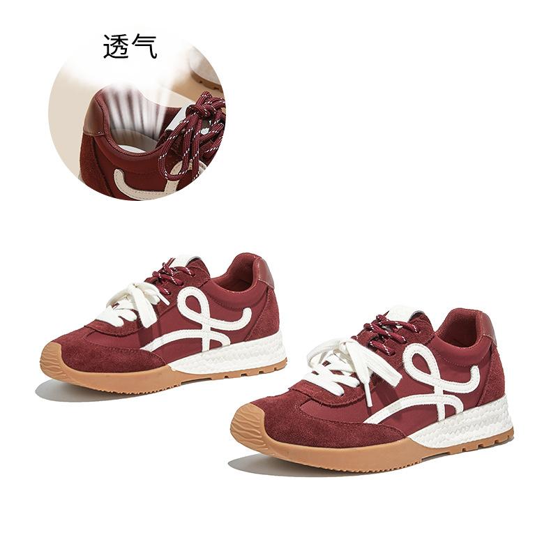 New leather red training shoes women's shoes platform commuting versatile shoes women's 2025 autumn sports dad shoes women