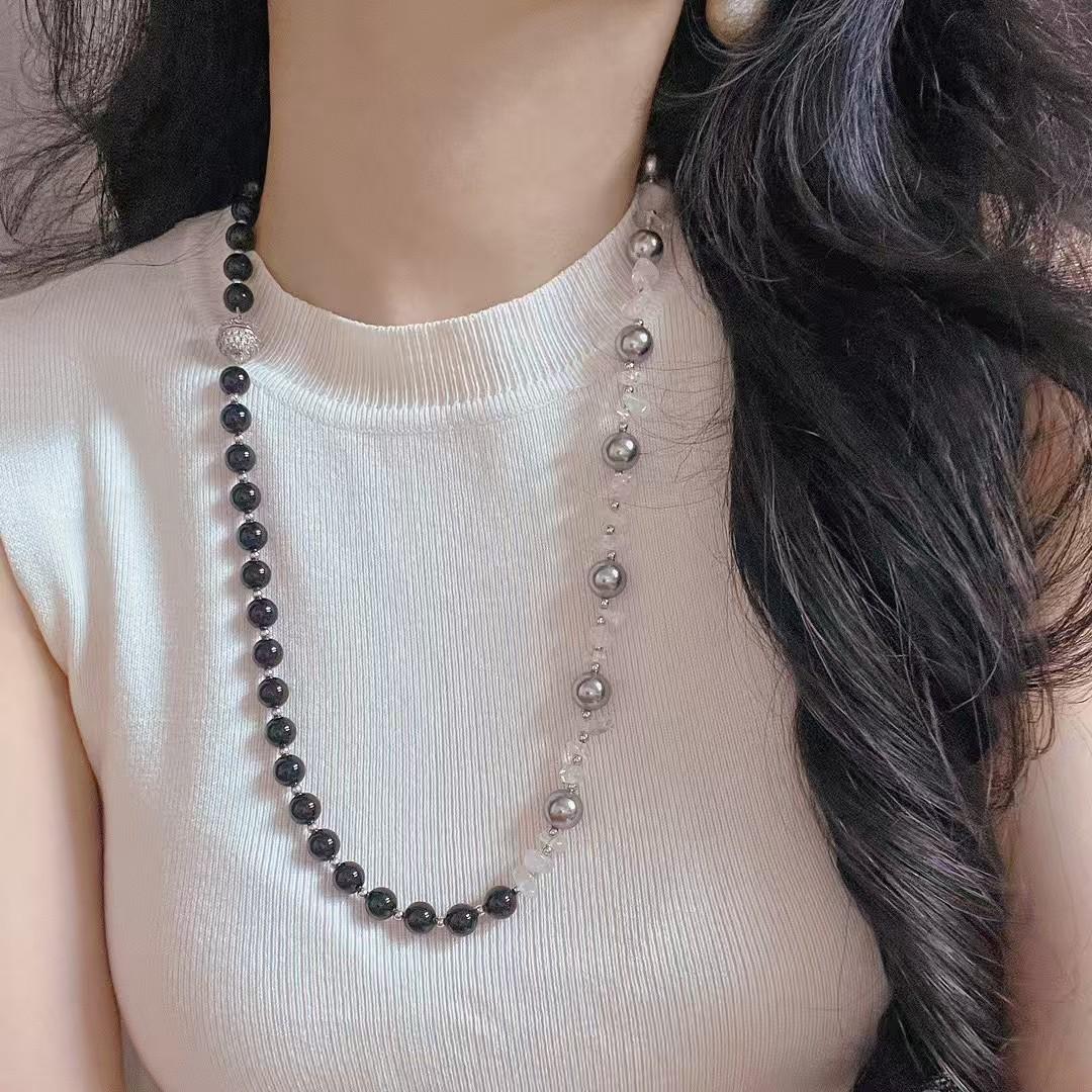 Vintage Natural Black Agate White Crystal Artificial Crystal Tahitian Pearl Necklace Clavicle Chain