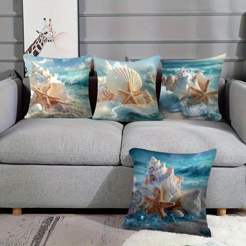4Pcs Seashell Starfish Cushion Cover Ocean Beach Printed Pillow Case Polyester Home Decor Sofa Living Room Bedroom 2D Flat