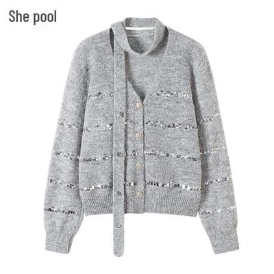 Women's V-Neck Wool Blend Striped Sequin Knit Cardigan